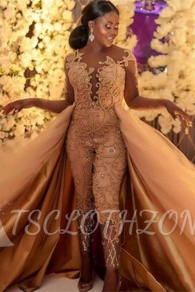 Sheer Long Sleeves Lace Beading  Jumpsuit  With Long Satin And Tulle Train Prom Dresses | Floor Length Evening Gowns