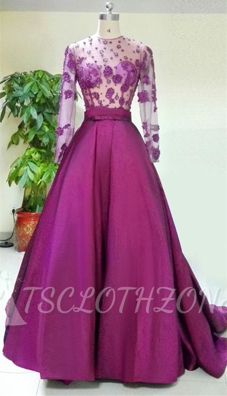 A-Line Purple Long Sleeve Prom Dress Beading New Arrival Tulle Evening Dress with Train