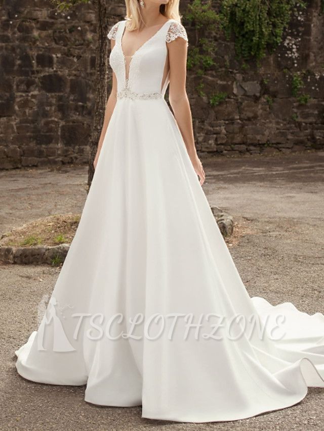 A-Line Wedding Dresses V-Neck Lace Chiffon Over Satin Cap Sleeve Bridal Gowns Country Plus Size Sweep Train