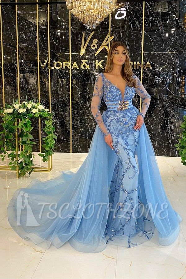 Blue evening dresses with sleeves | Prom dresses long glitter