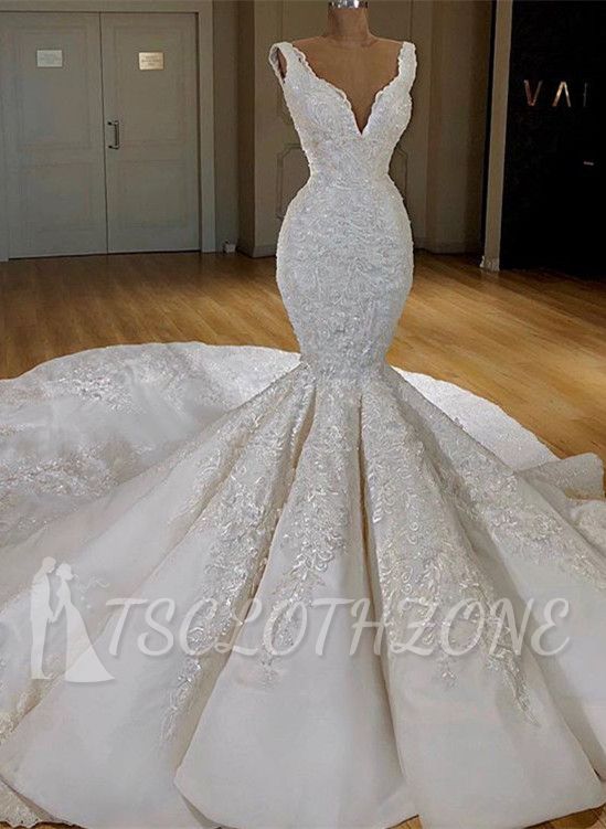 TsClothzone Sexy White Mermaid Ruffles Wedding Dresses Straps Sleeveless V-neck Bridal Gowns With Appliques Online