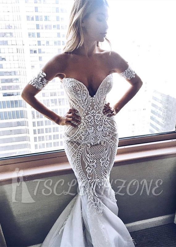 2022 Sexy Mermaid Embroider Off-the-shoulder Zipper Wedding Dress