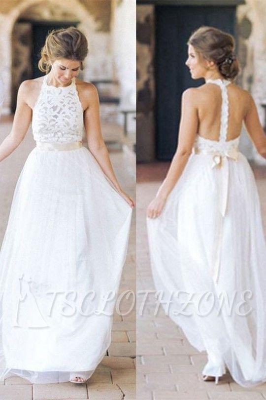 Halter A-line Lace Bride Dress Summer Appliques With Sash Tulle Prom Wedding Dresses 2022