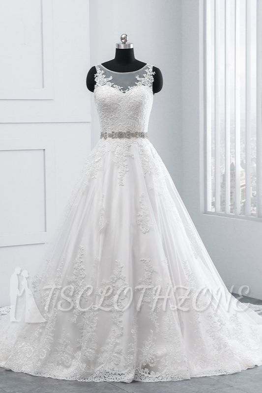 TsClothzone Einfache Juwel Tüll Spitze Brautkleid A-Linie Applikationen Perlenstickerei Brautkleider mit Schärpe Online