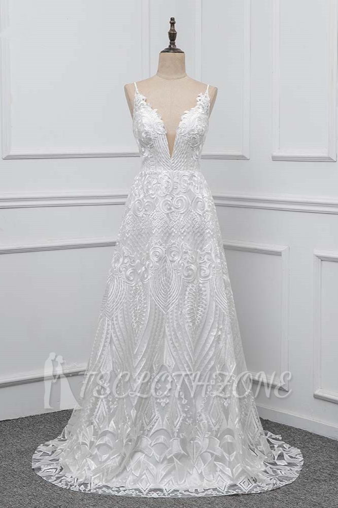 TsClothzone Boho Spaghetti Straps V-Neck Appliques Wedding Dresses White Sleeveless Bridal Gowns On Sale