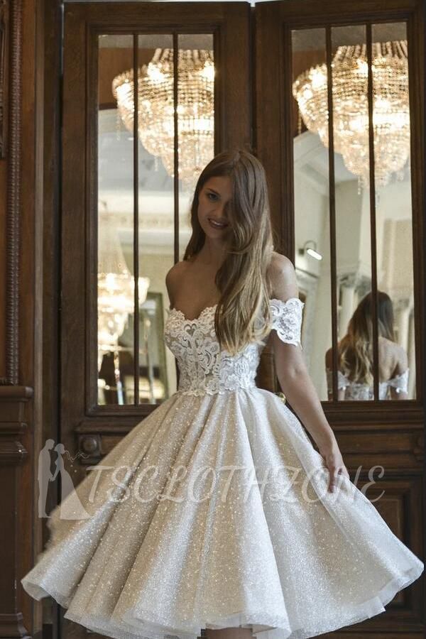Mode schulterfreies Spitzenapplikationen kurzes Hochzeitskleid Pailletten-Pailletten-Brautkleid