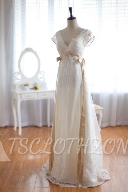 A-Line Short Sleeve Empire Bridal Dress Open Back Lace Floor Length Wedding Dresses