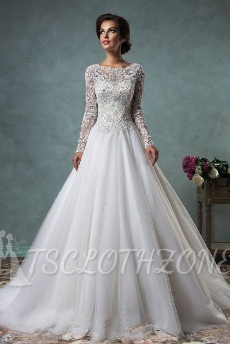 New Arrival Long Sleeve Tulle Wedding Dress A-Line Sweep Train Bridal Gown