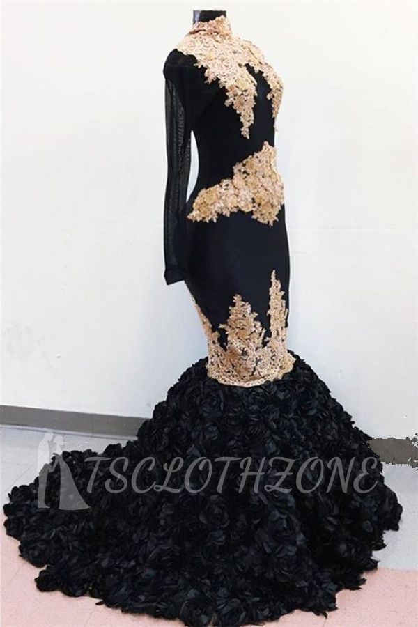 2022 Gold Lace Black Prom Dresses on Mannequins | Sexy Mermaid Flowers Bottom Graduation Dress