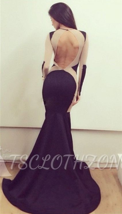 Sexy Mermaid Simple Long Sleeve Evening Dresses Cheap Sweep Train Halter Open Back Special Occassion Dresses