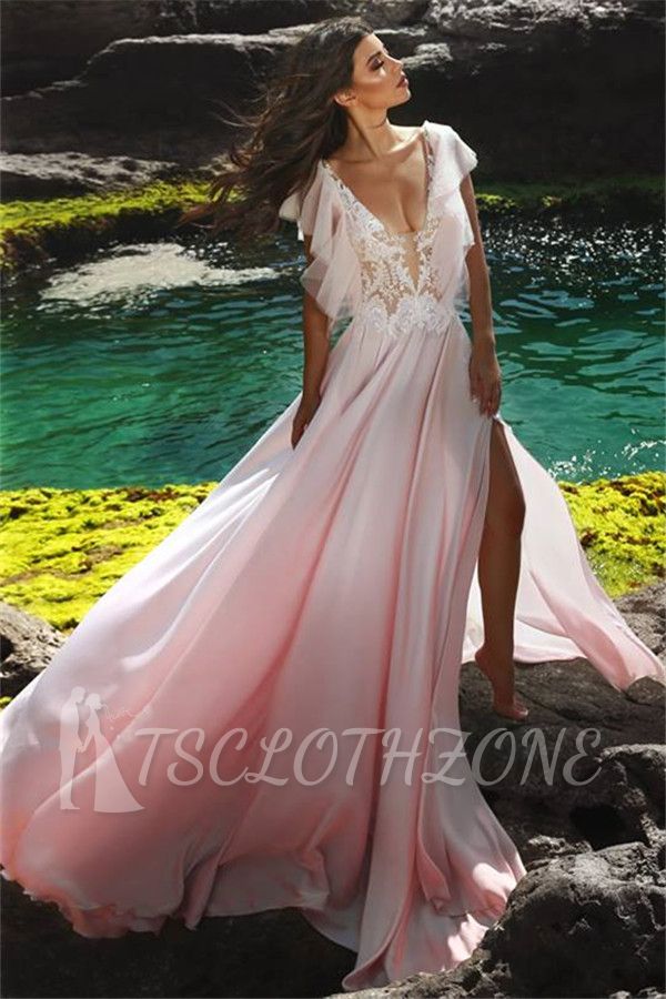 Ärmellose Abendkleider mit V-Ausschnitt in Rosa 2022 | Chiffon-Partykleid mit seitlichem Schlitz