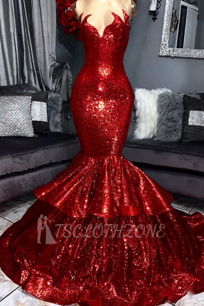 Sparkling Sequins Mermaid Tiered Sleeveless Sexy Cheap Red Prom Dresses on Mannequins