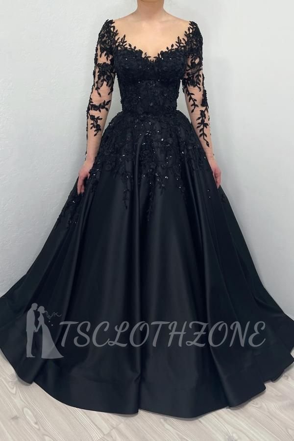 Elegante Brautkleider schwarz | Brautkleider aus Satin mit Ärmeln