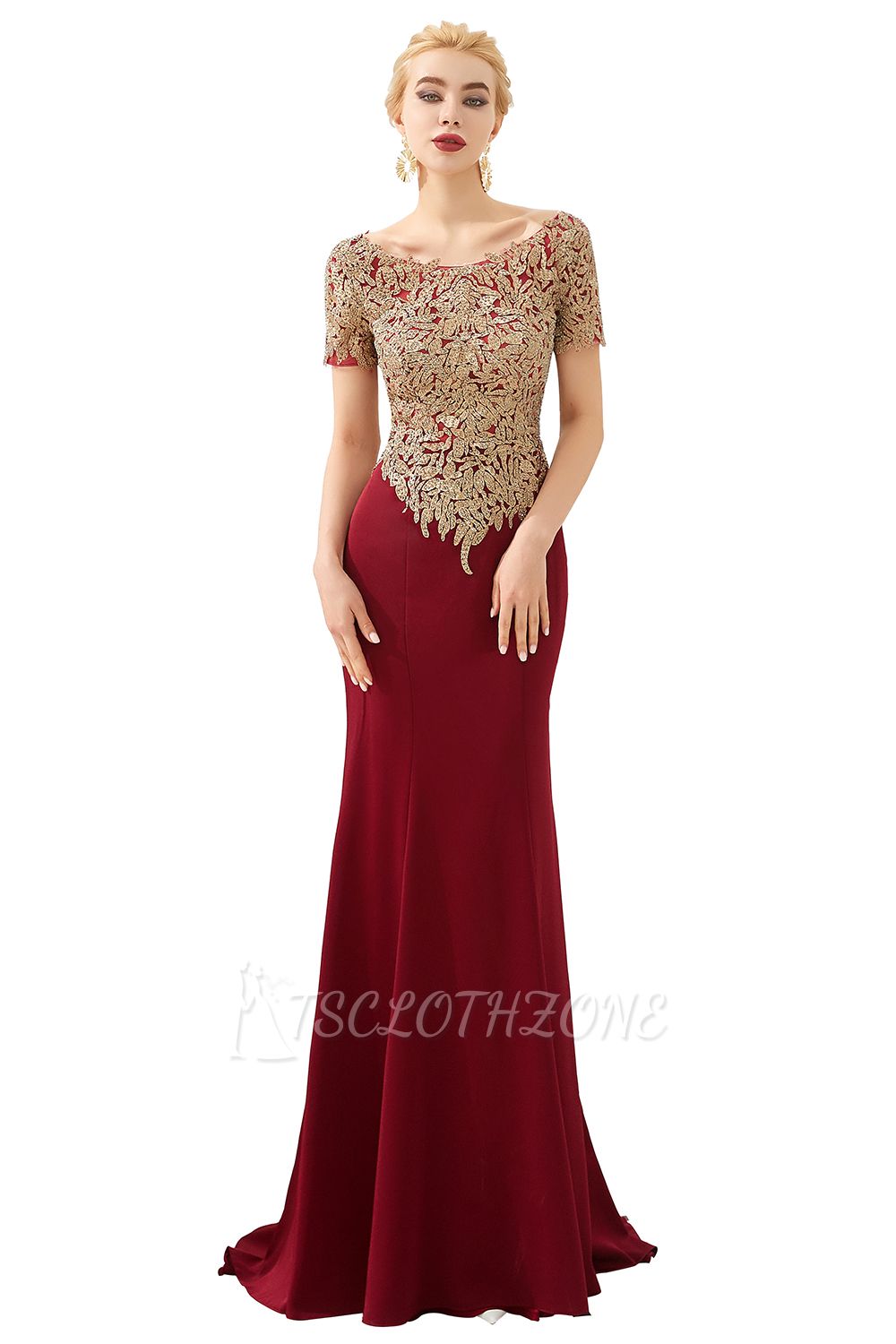 Hilary | Custom Made Short sleeves Burgundy Mermaid Prom Dress with Gold Lace Appliques