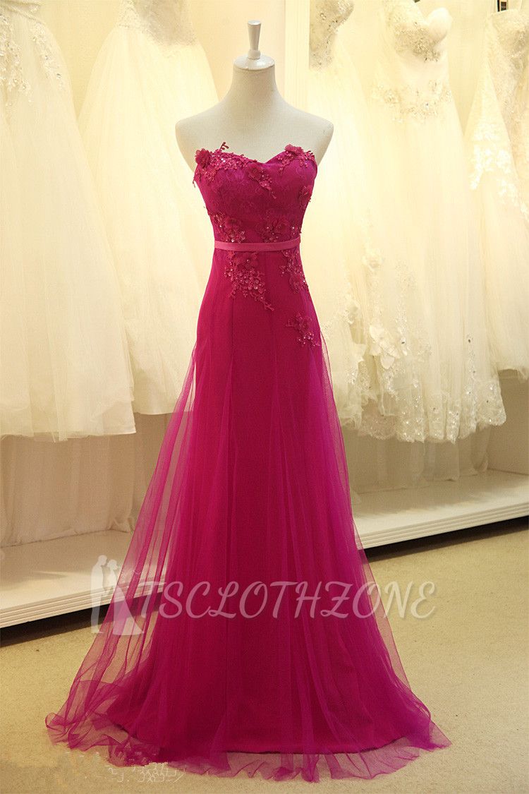 Elegant Sweetheart Applique Fushcia Tulle Dresses for Junior A Line BeautifuL Long Custom Prom Dresses with Flowers