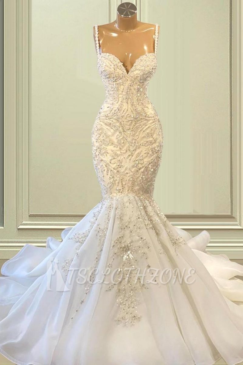 Elegant Mermaid Lace Spaghetti Strap Wedding Dress | Heart Neck Lace Wedding Dress