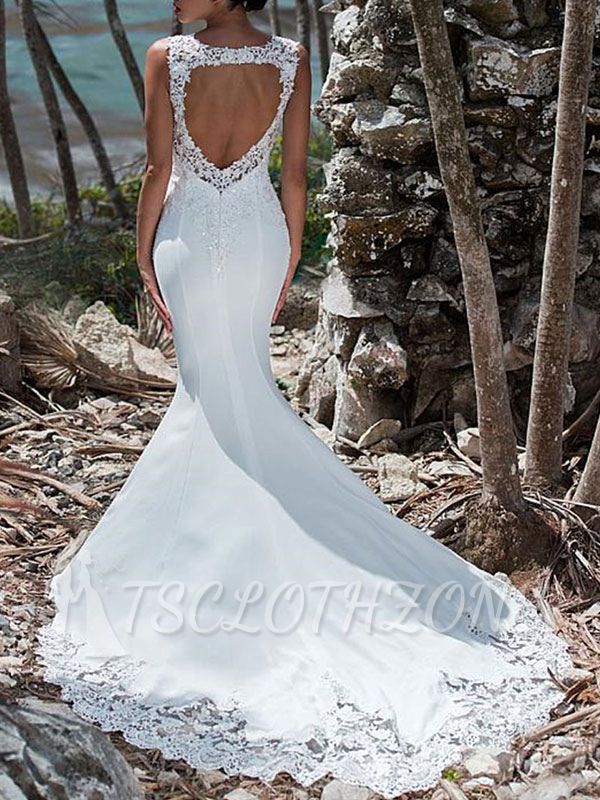 Gorgeous Jewel Satin Lace White Backless Mermaid Wedding Dresses