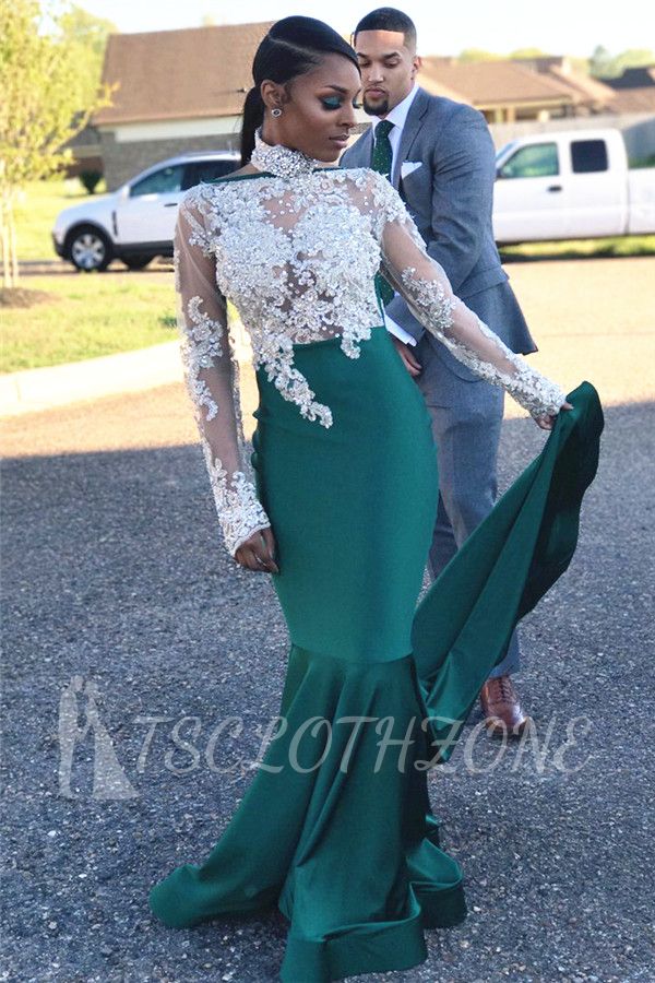 2022 Halter Backless Long Sleeve Prom Dress Lace Appliques Mermaid Dark Green Evening Gown