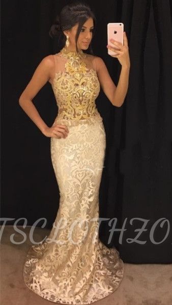 High Neck Sleeveless Champagne and Gold Lace Prom Dress   Mermaid Sexy Evening Gown