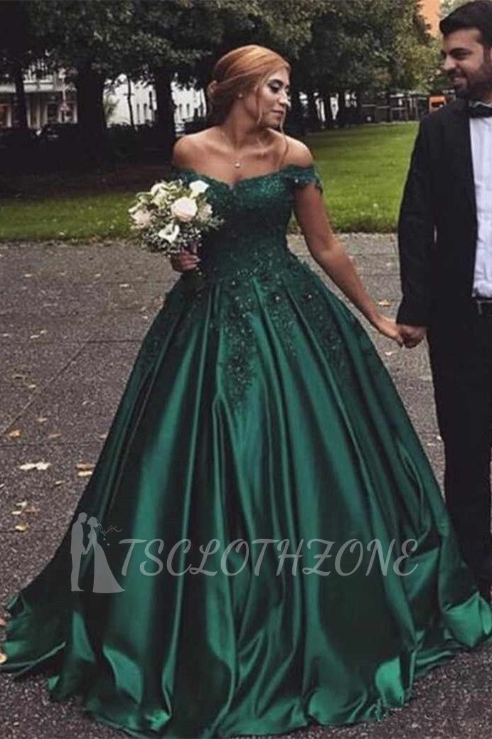 Graceful Off The Shoulder A Line Floor Length Prom Dresses With Lace Appliques | Princess Party Gowns With Zipper