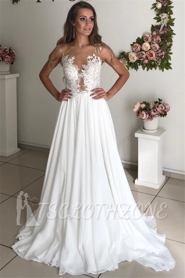 Strapless Appliques Sheer Tulle Chiffon A-line Bridal Wedding Dress