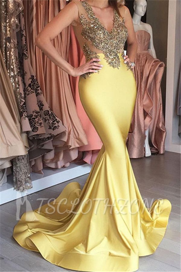 Sexy Sleeveless Stretch Beaded Appliques 2022 V-neck Mermaid Yellow Prom Dress