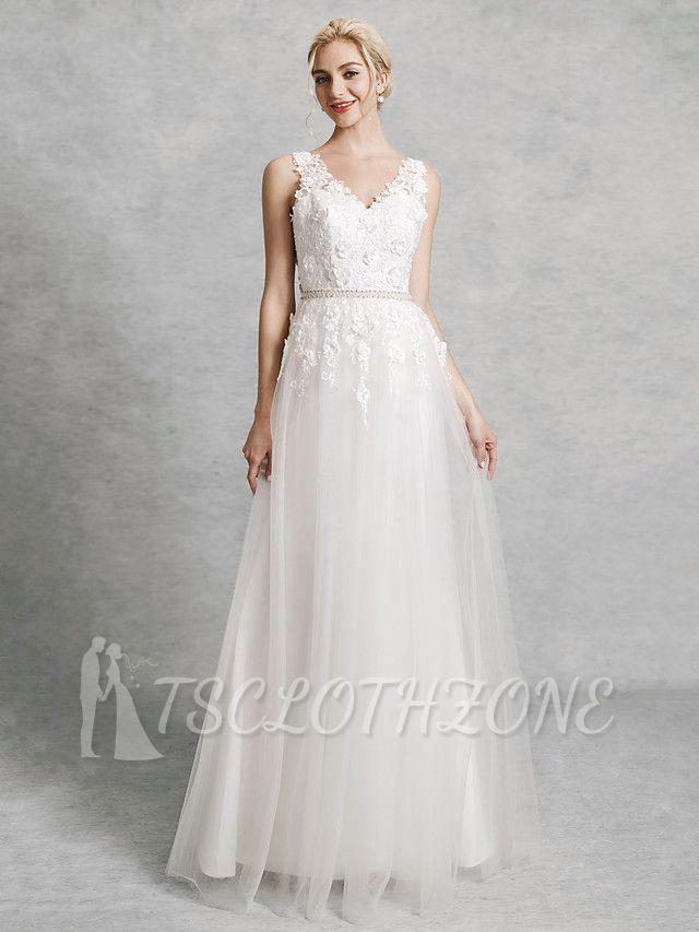 Romantic A-Line Wedding Dress V-Neck Lace Satin Tulle Straps Backless Bridal Gowns Illusion Detail with Court Train
