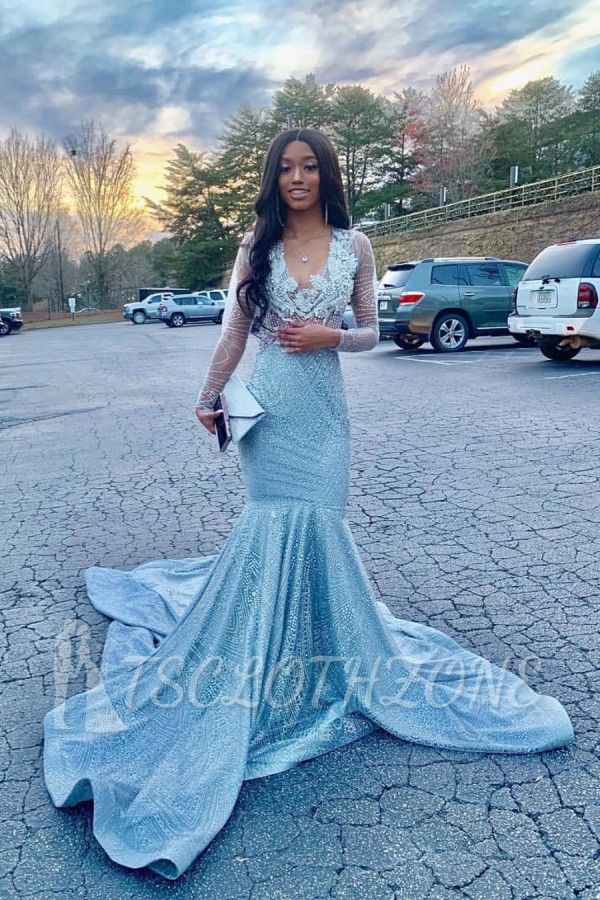 Gorgeous Beading Appliques Court Train Long Sleeves Mermaid Prom Dresses