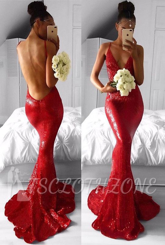Sexy Red Deep V-Neck Mermaid Prom Dresses 2022 Backless Sequined Evening Gowns
