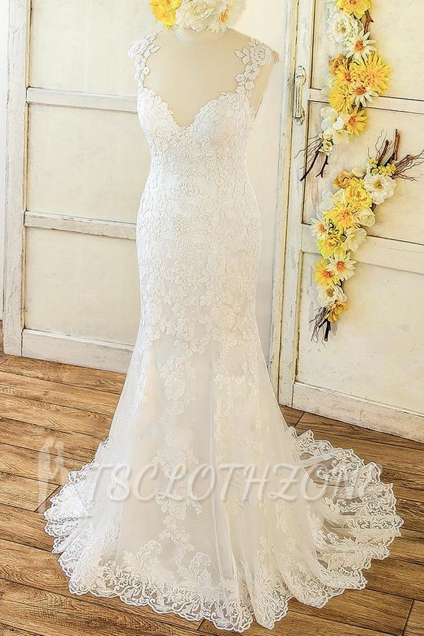 Elegant Straps Sleeveless Mermaid Wedding Dress | Appliques Lace White Bridal Gowns