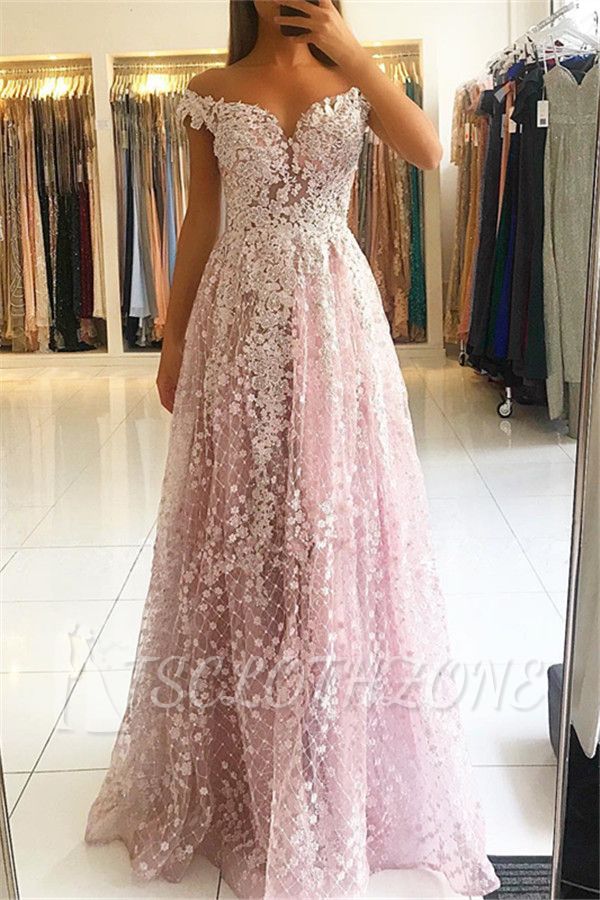2022 Pink Elegant Lace Evening Dresses | Off Shoulder A-Line Cheap Evening Gowns