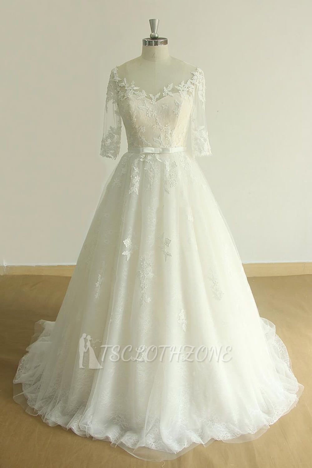 Einzigartiges Halbarm-Spitzen-Tüll-Hochzeitskleid | A-Linie Brautkleider mit weißen Applikationen
