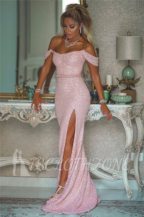 Sexy Off-the-Shoulder Front-Slit Sparkly Beading Long Evening Dress
