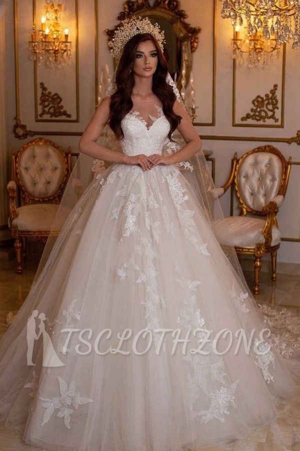 A-line and floor-length V-neck lace wedding dress