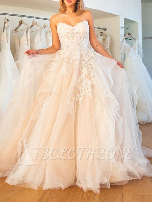 Formelles Ballkleid-Hochzeitskleid trägerlose Spitze Tüll ärmellose Brautkleider in Übergröße mit Sweep-Zug