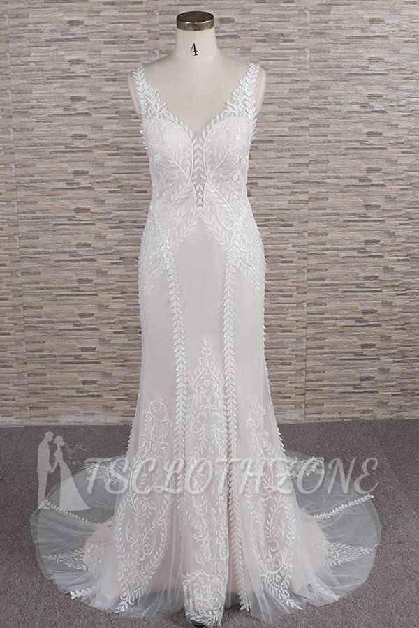 Elegante Träger A-Linie Spitzen-Hochzeitskleid | Weiße Meerjungfrau-Brautkleider mit V-Ausschnitt