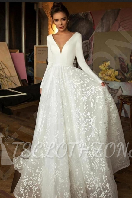Elegant Lace Bridal A-line V-Neck Long Sleeves Wedding Dresses