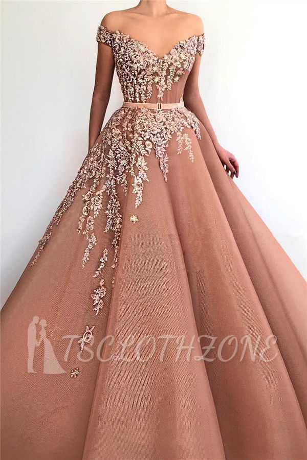 Unique Off the Shoulder Sweetheart Long Prom Dress | Chic Ball Gown Applqiues Sleeveless Affordable Prom Dress