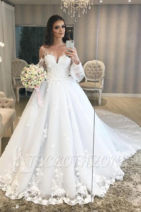 Elegant Off Shoulder Bubble Sleeves  Aline Tulle Lace Wedding Dress for Women