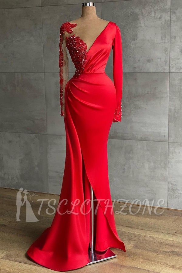 Charming Red Mermaid Prom Dress Side Slit with Lace Appliques