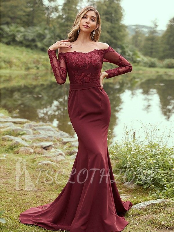 Designer Evening Dress Long Burgundy | Lace Sleeves