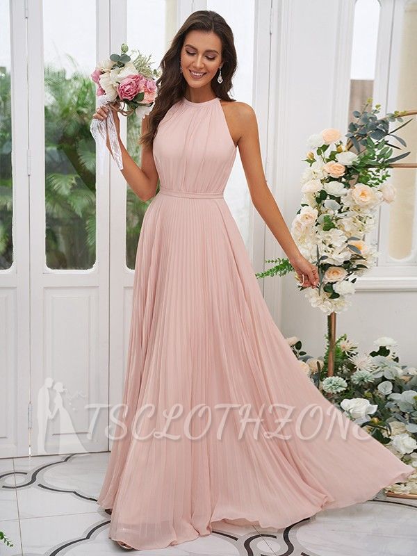Simple Long Pink Sleeveless Evening Dress | Chiffon Ball Gown Evening Dress