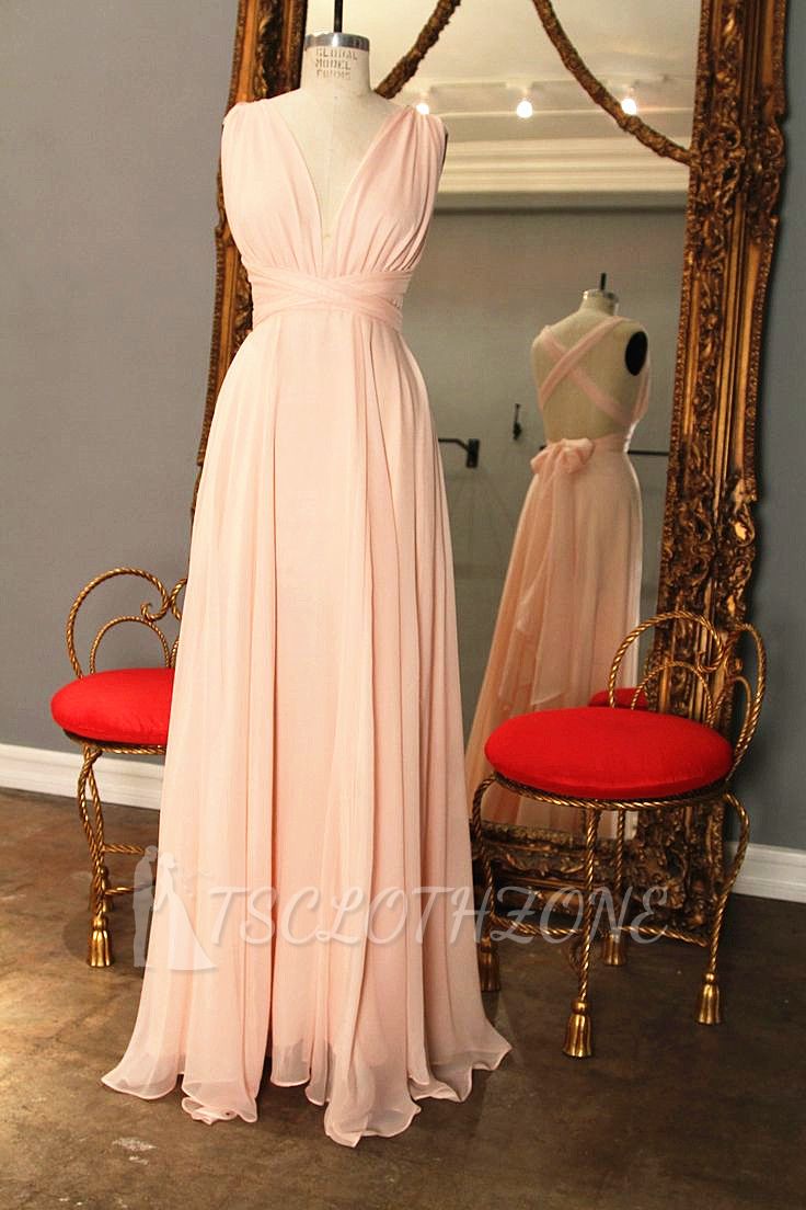 Pink Chiffon Cross Back Prom Dresses V-neck Popular 2022 Bridesmaid Dress