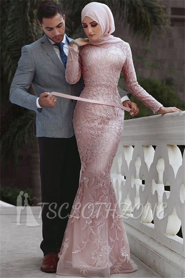 Pink Detachable Long-Sleeves Prom Dresses | Appliques Lace Mermaid Evening Gowns