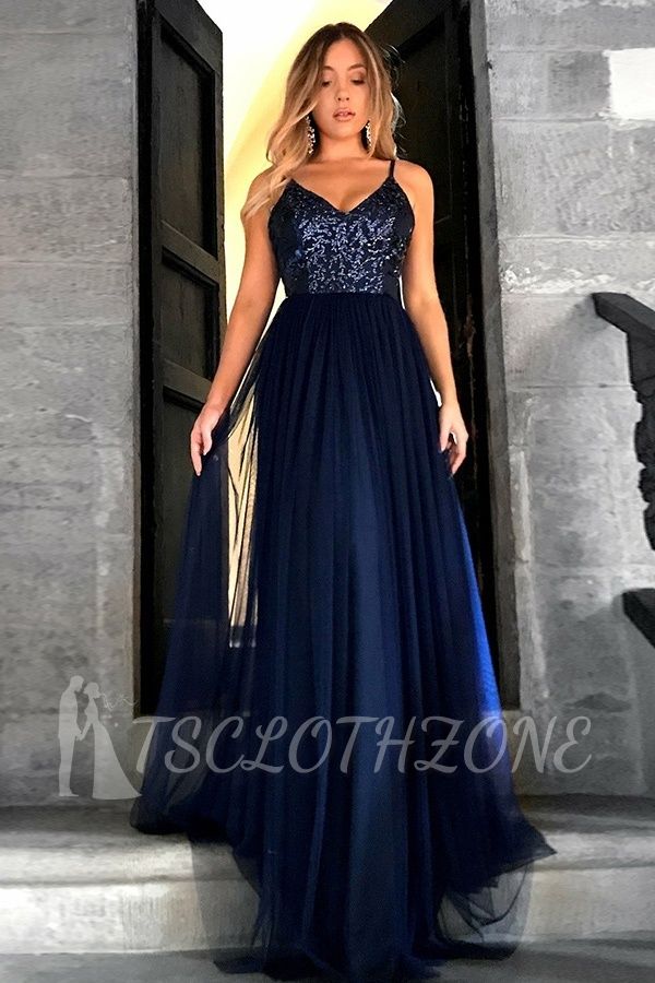 A-line Sequins Top V-neck Spaghetti Tulle Navy Prom Dresses