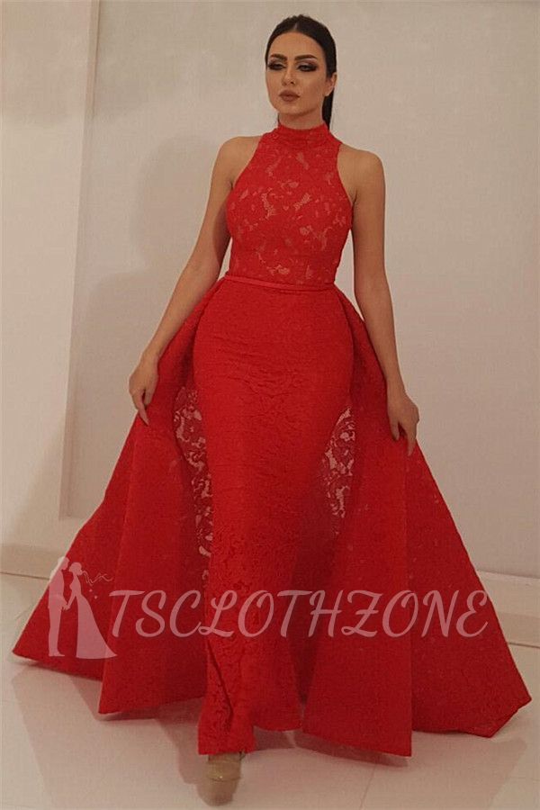 Fantastic High Neck Sleeveless Red Lace Prom Dress | Chic Mermaid Long Prom Dress with Detachable Skirt