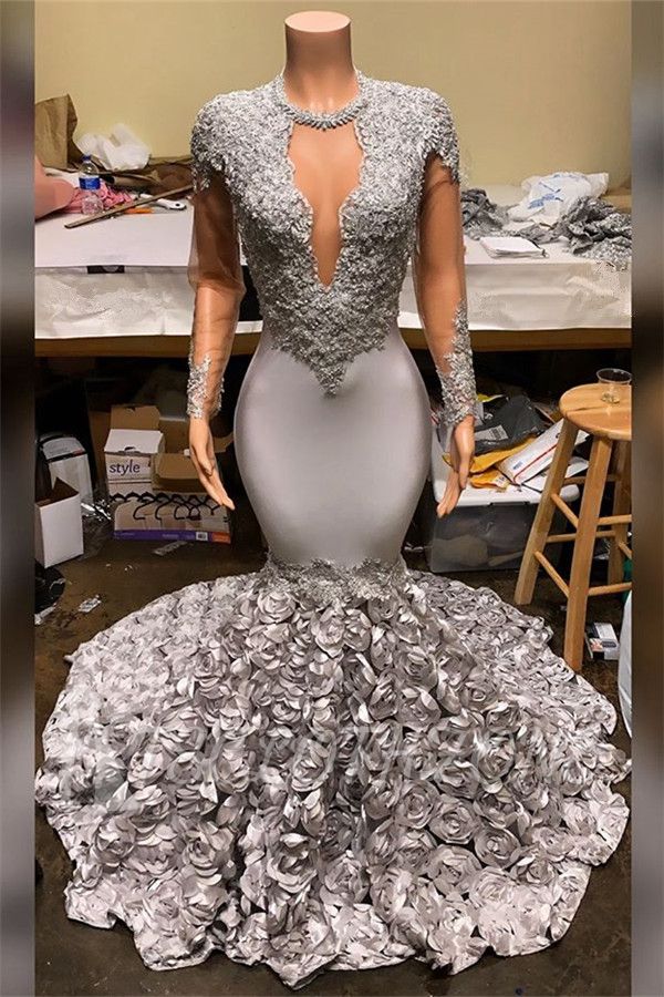 Silber Mermaid Flowers Günstige Ballkleider 2022 | Sexy Lace Appliques Real Prom Dress auf Schaufensterpuppen