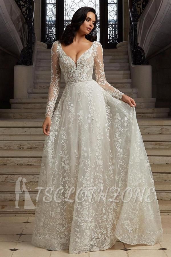 Chic Long Sleeves White Floral Lace Wedding Dress Aline Garden Bridal Dress