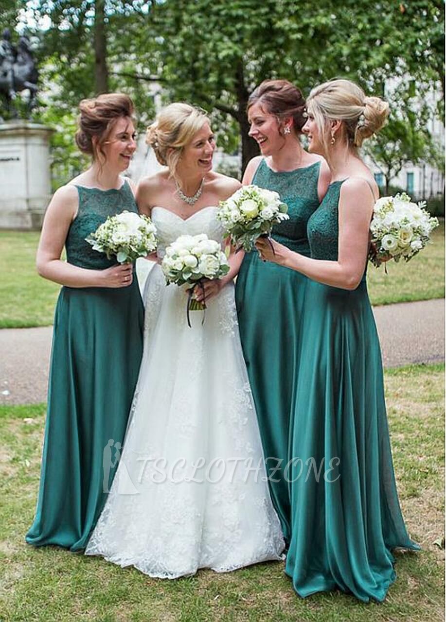 Kaufen Sie grünes, langes, seidenähnliches Chiffon-Juwelenausschnitt-Brautjungfernkleid in A-Linie von Annakoo