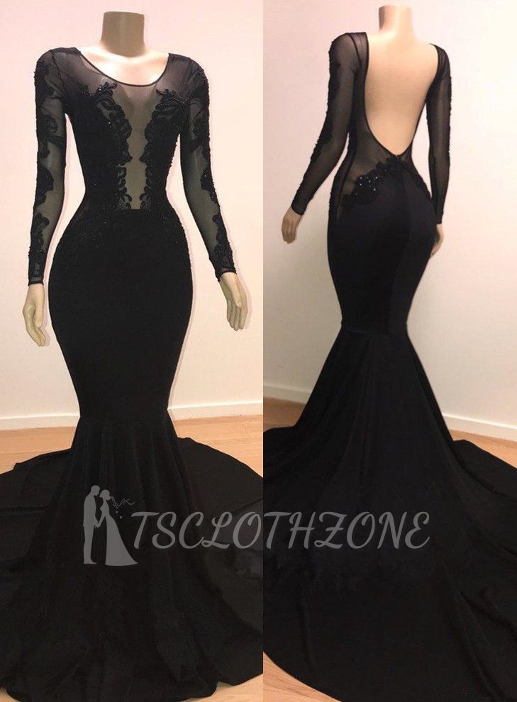 Unique Scoop Long Sleeves Backless Appliques Tulle Mermaid Prom Dresses